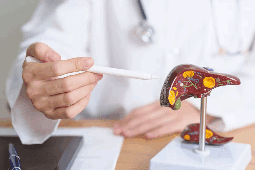 Doctor explaining liver condition and cancer risk factors in children