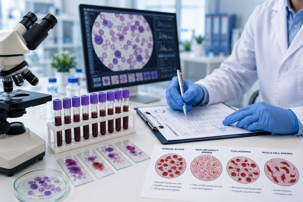 Hematology specialist analyzing blood samples and benign blood disorder reports in a modern laboratory with microscope, blood test tubes, and diagnostic charts showing anemia, thalassemia, and sickle cell anaemia.