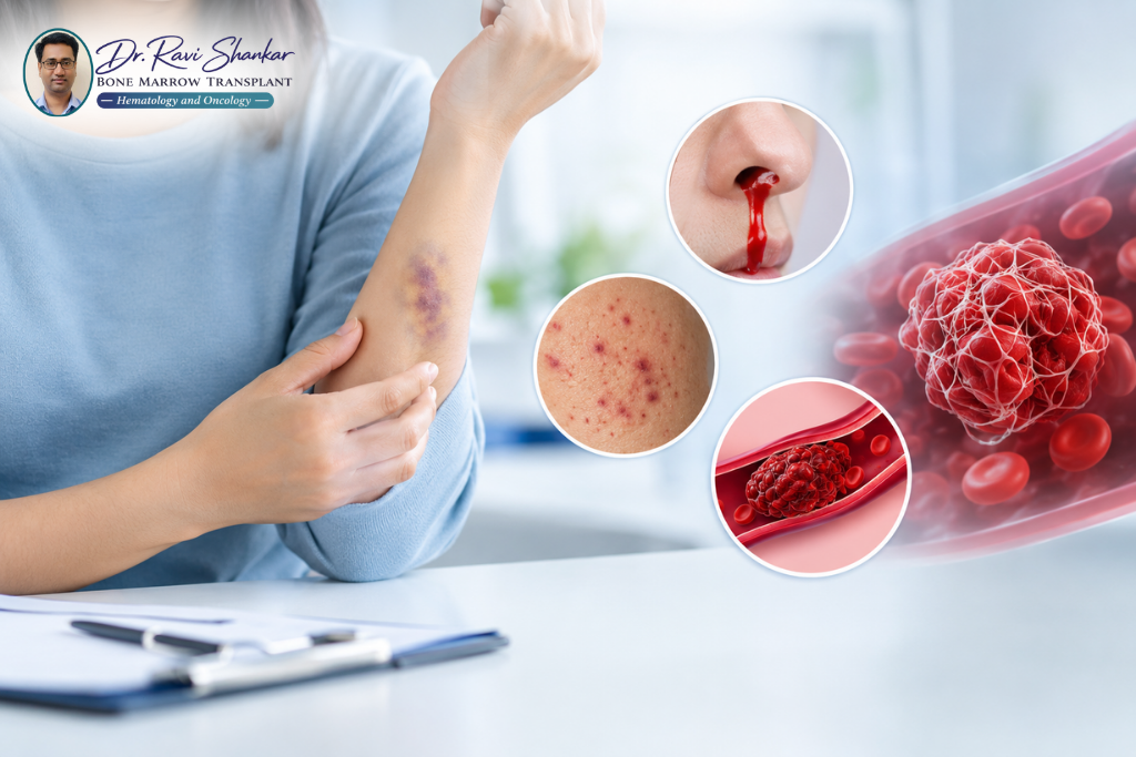 Unusual bleeding and blood clots with unexplained bruising, skin spots, nosebleed, and a blood vessel clot illustration.